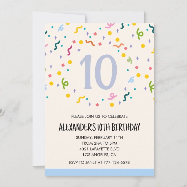 Invitaciones a fiestas de color confietti niños pr (Anverso)