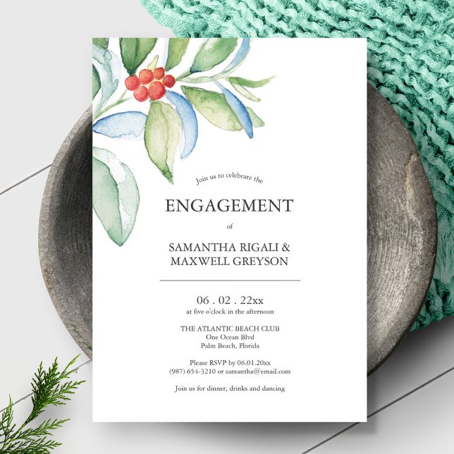 Invitaciones a fiestas de compromiso vegetación fe (Christmas theme engagement party invitations unique watercolor art and design  Victoria Grigaliunas)