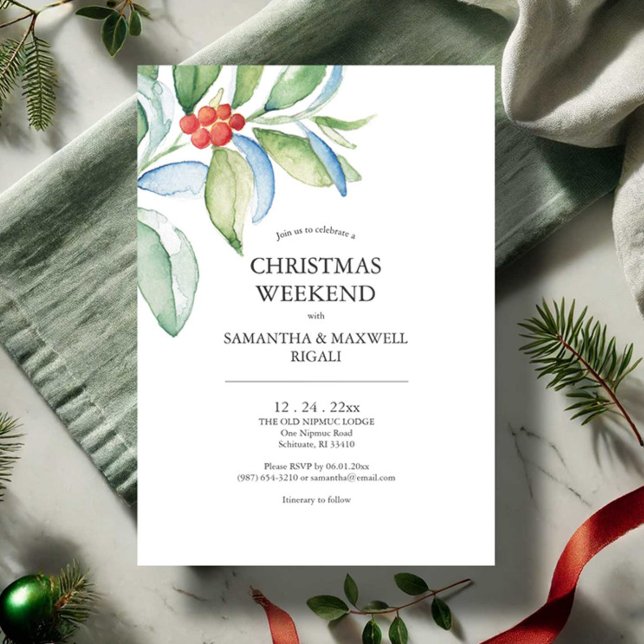Invitaciones a fiestas de compromiso vegetación fe (Christmas weekend invitations features botanical red and green watercolor art Victoria Grigaliunas)
