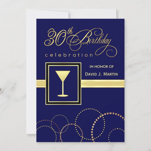 Invitaciones a fiestas de cumpleaños 30 - Azul y o (Anverso)