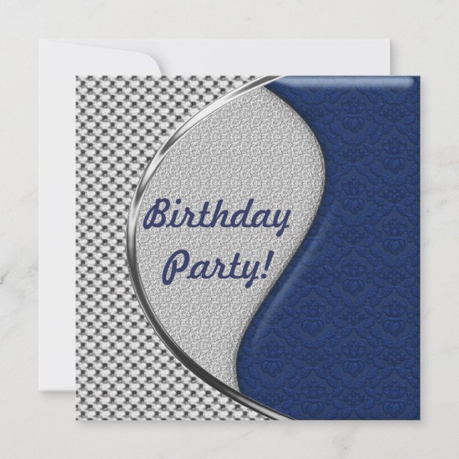 Invitaciones a fiestas de cumpleaños azules y plat (Anverso)