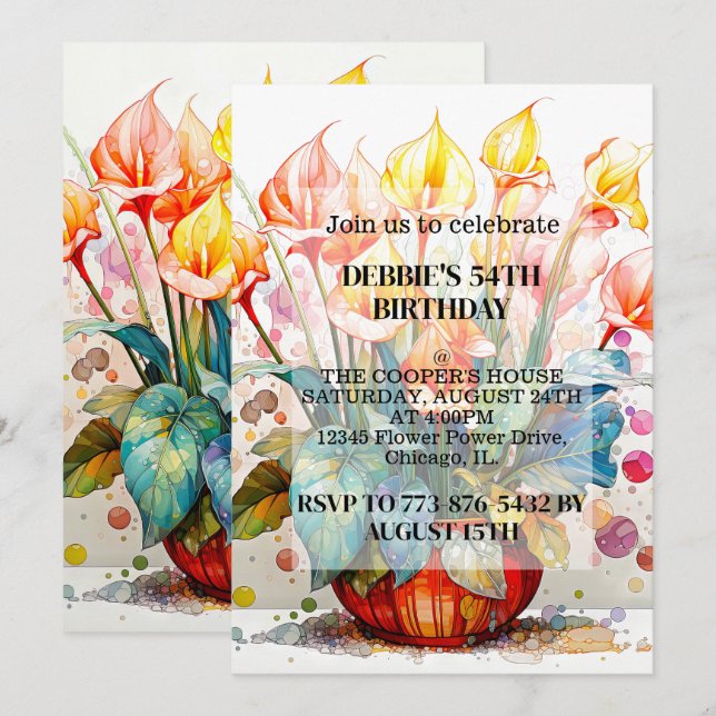 Invitaciones a fiestas de cumpleaños de flores pot (Anverso / Reverso)