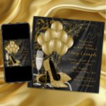 Invitaciones a fiestas de cumpleaños de mujeres ne<br><div class="desc">Invitación a la fiesta de cumpleaños en negro y oro de una mujer con hermosos zapatos de tacón de purpurina dorado, globos dorados, perlas de champán y elegantes remolinos de oro sobre un lujoso fondo de satén negro. Esta elegante invitación de fiesta de cumpleaños en negro y oro se personaliza...</div>