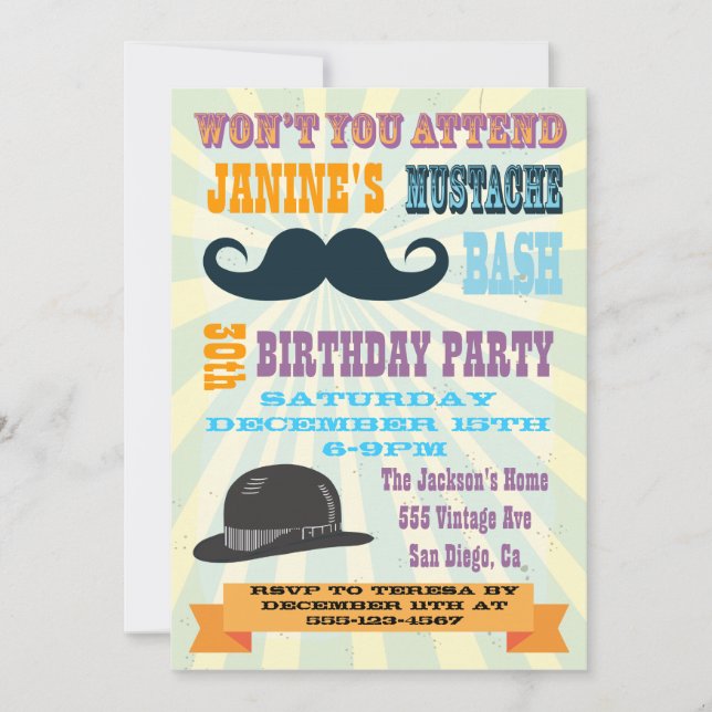 Invitaciones a fiestas de cumpleaños de Mustache (Anverso)