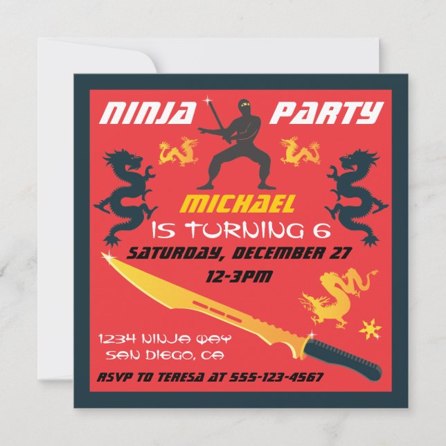 Invitaciones a fiestas de cumpleaños Ninja (Anverso)