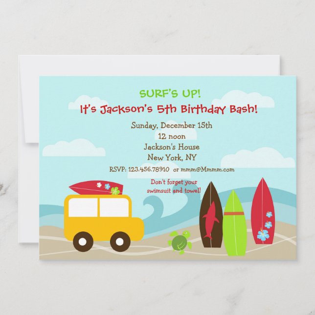 Invitaciones a fiestas de cumpleaños para surfista (Anverso)
