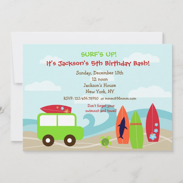 Invitaciones a fiestas de cumpleaños para surfista (Anverso)