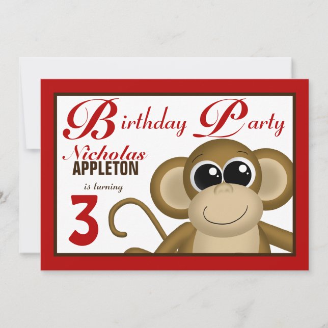 Invitaciones a fiestas de cumpleaños rojas en mono (Anverso)