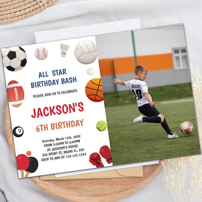 Invitaciones a fiestas de diversión de personaliza (White Background Sports Invitations with photo)