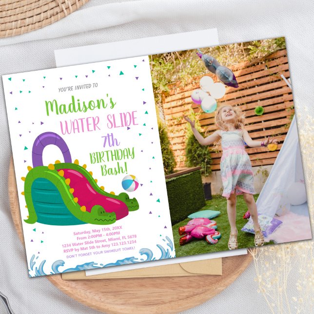 Invitaciones a fiestas de diversión de personaliza (Green Pink Water Slide Birthday Invitations photo)