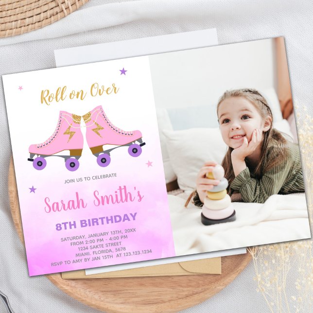Invitaciones a fiestas de patinaje sobre personali (Pink Glitter Skating Birthday Invitations w photo)