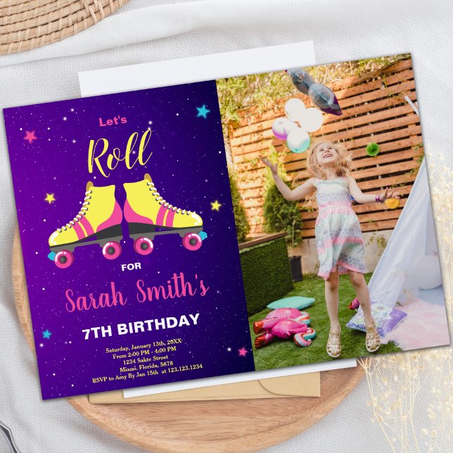 Invitaciones a fiestas de patinaje sobre personali (Pink Roller birthday invitations with photo)