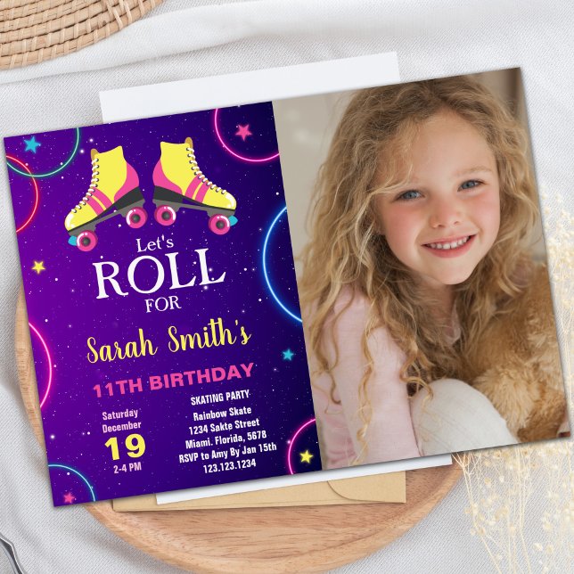 Invitaciones a fiestas de patinaje sobre personali (Yellow Pink Skating Birthday Invitations w photo)