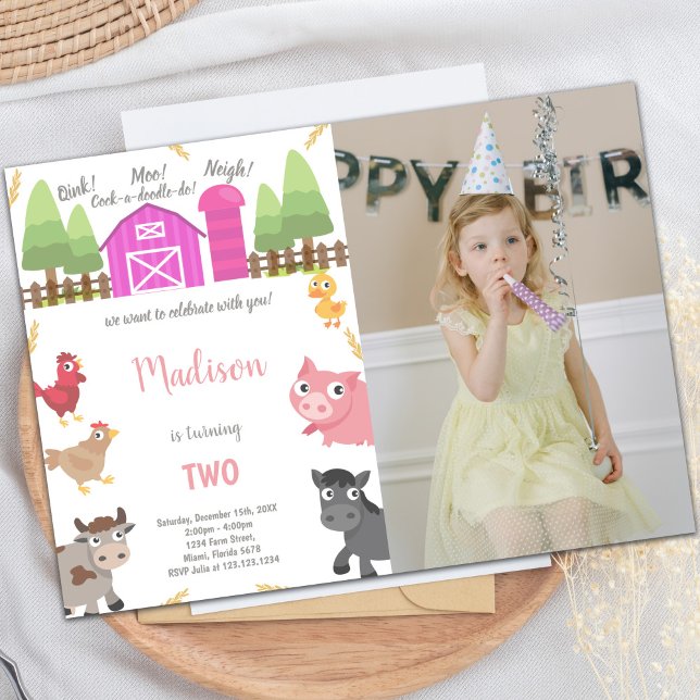 Invitaciones a fiestas de personalizable para niño (Pink Farm Animals Invitations with photo)