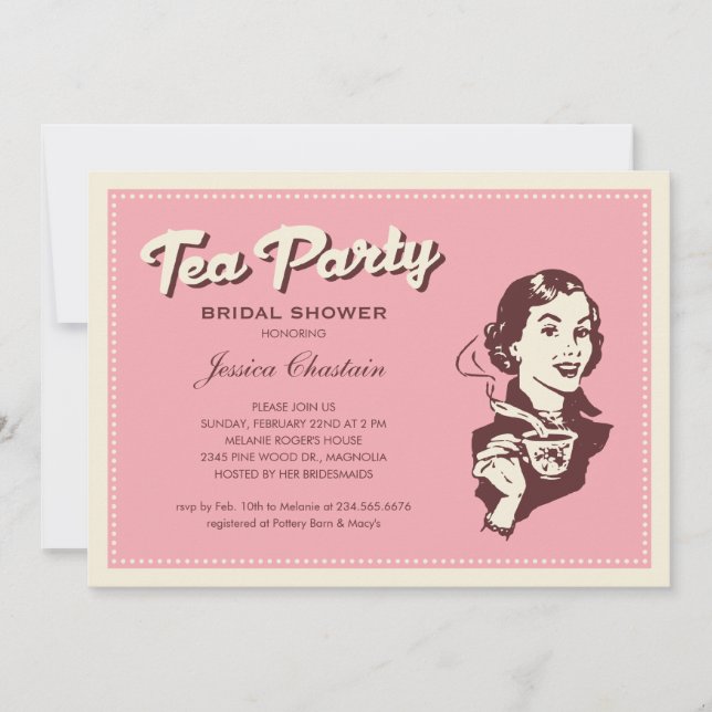 Invitaciones a fiestas de té rosado retro (Anverso)