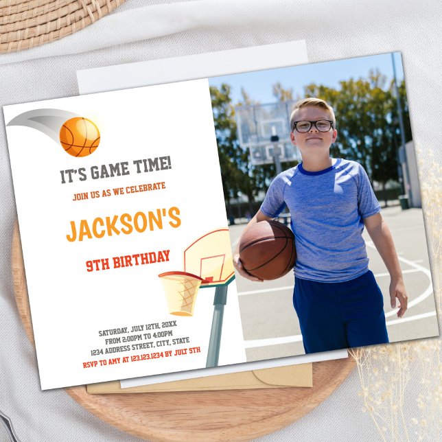 Invitaciones a fiestas deportivas de personalizabl (Basketball On Basket Invitations with photo)