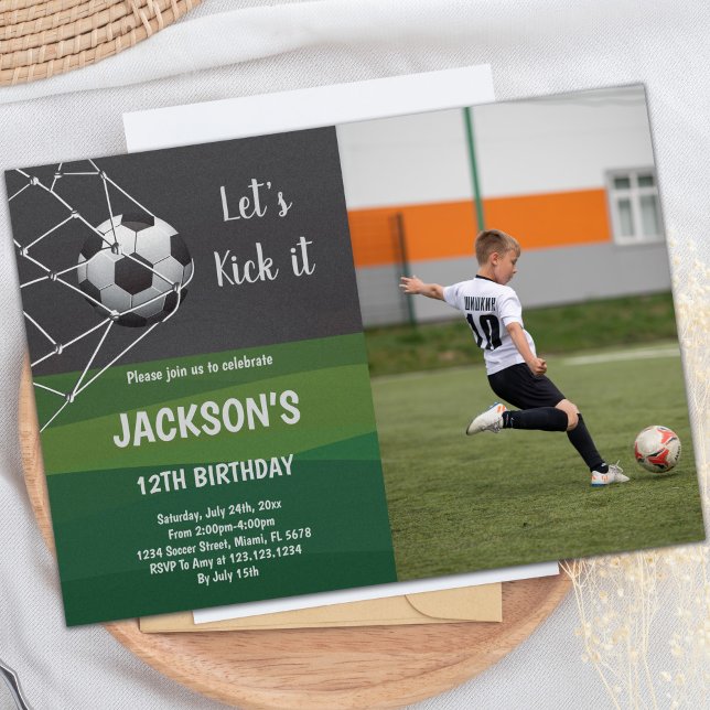 Invitaciones a fiestas deportivas de personalizabl (Green Black Goal Soccer Invitation White Text phot)