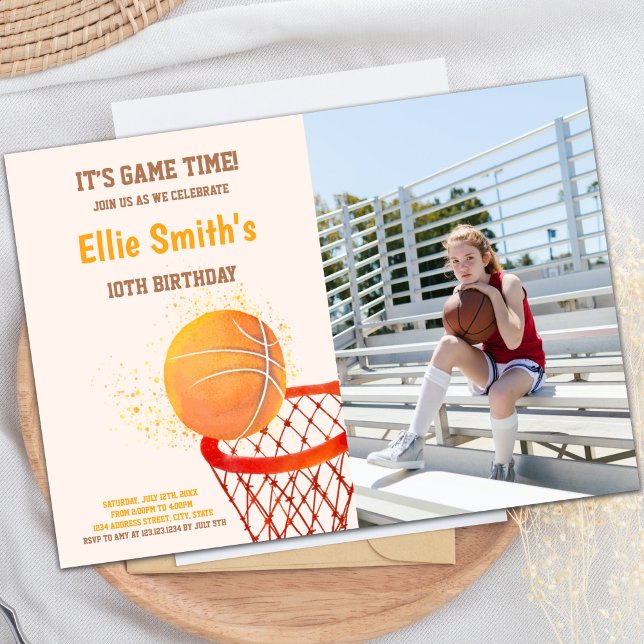 Invitaciones a fiestas deportivas de personalizabl (Light Orange Basketball Invitations with photo)