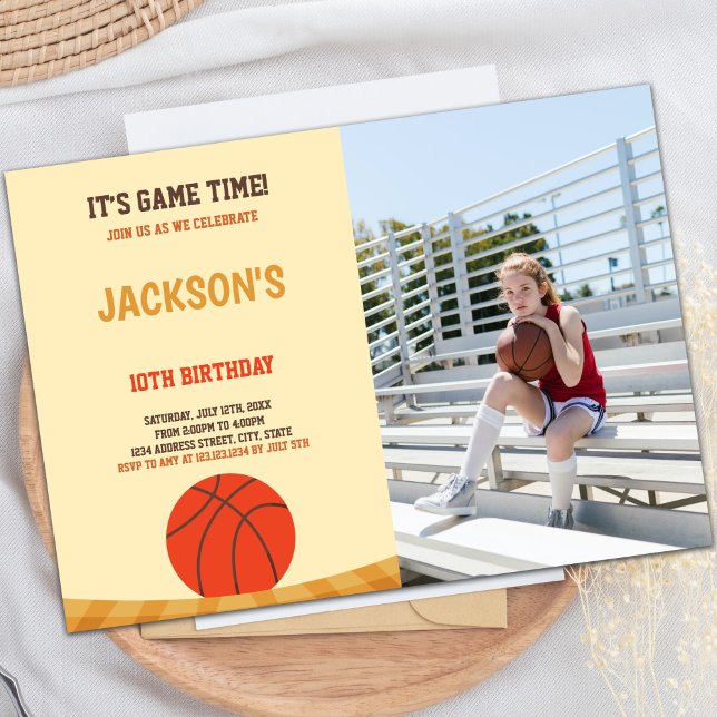 Invitaciones a fiestas deportivas de personalizabl (Yellow Brown Basketball Invitations with photo)