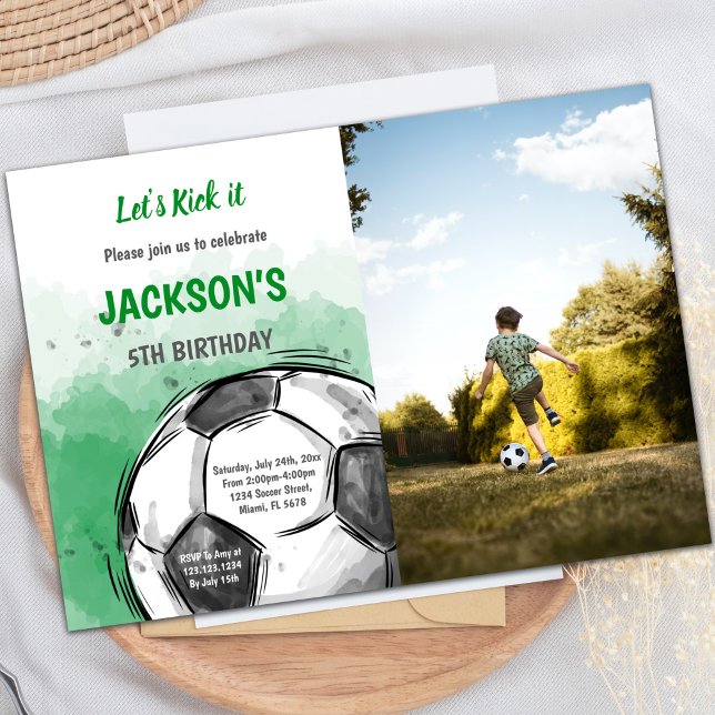 Invitaciones a fiestas deportivas de personalizabl (Big Ball watercolor Soccer Birthday Invitations w)
