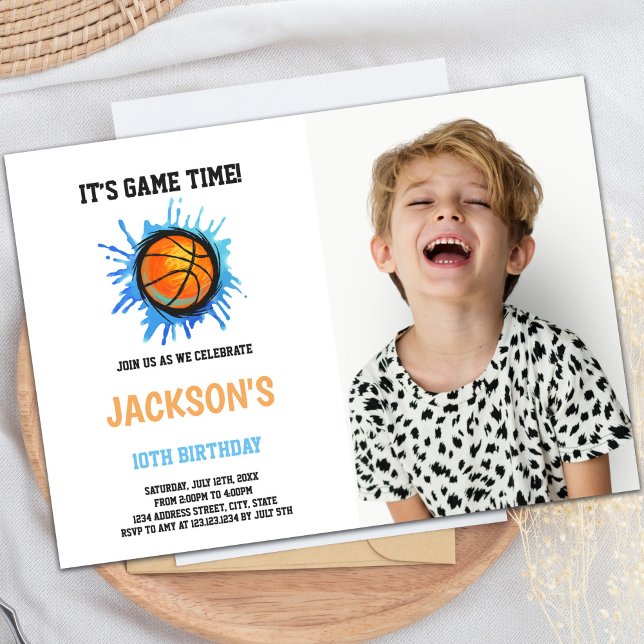 Invitaciones a fiestas deportivas de personalizabl (Basketball Blue Art Birthday Invitations w photo)