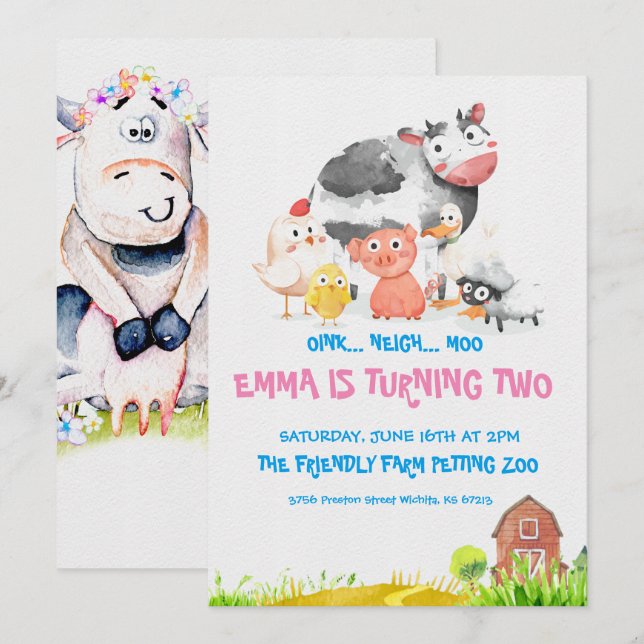Invitaciones a fiestas temáticas de granja (Anverso / Reverso)