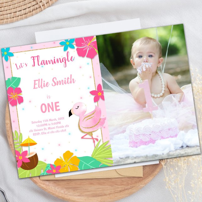 Invitaciones a flamencos de cumpleaños rosado con  (Pink 1st Birthday Flamingo Invitations with photo)