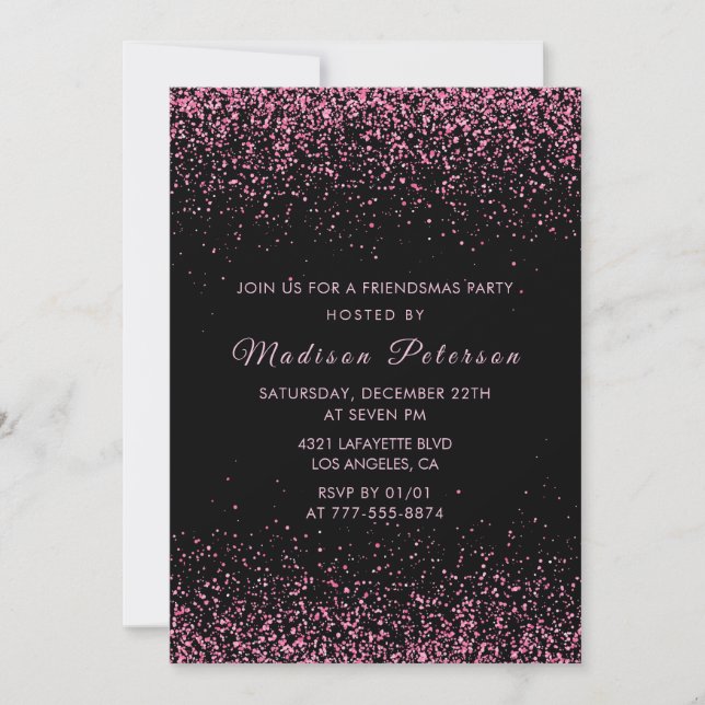 invitaciones a Friendsmas negras con brillo rosa (Anverso)