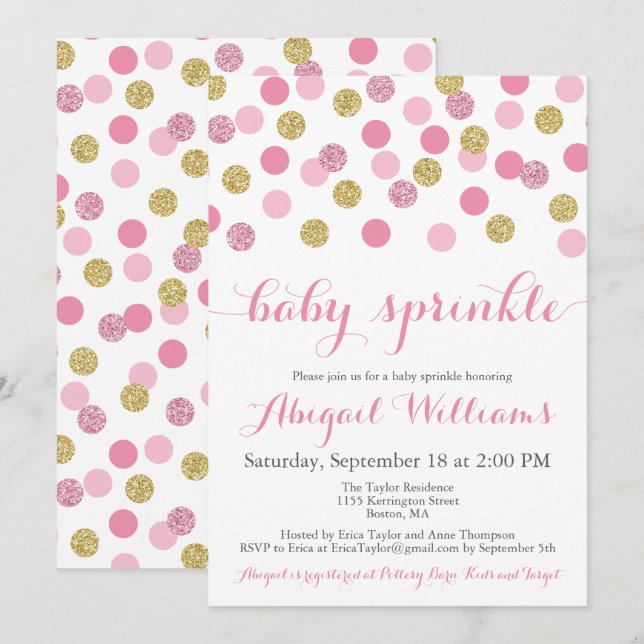 Invitaciones a gotas de Purpurina rosa y dorado (Anverso / Reverso)