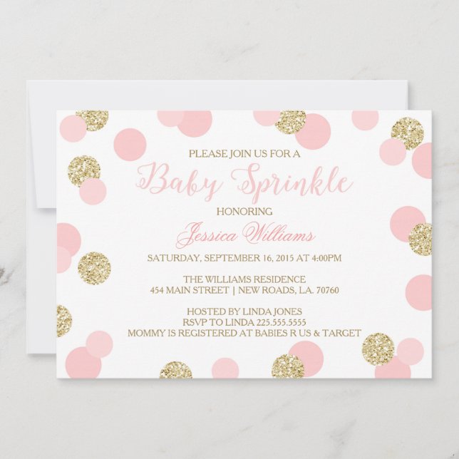 Invitaciones a gotas de Purpurina rosa y dorado (Anverso)