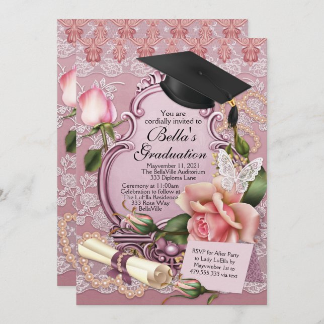 Invitaciones a graduación de chicas (Anverso / Reverso)