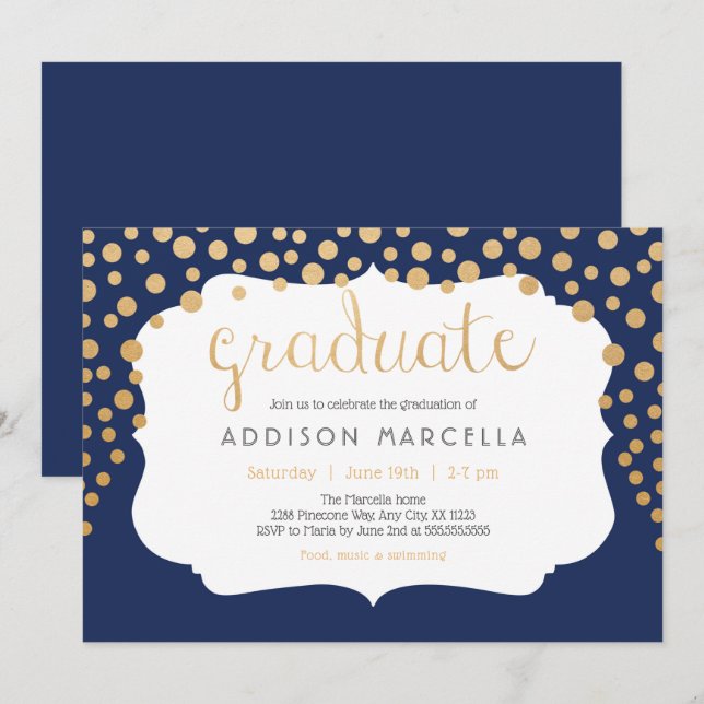 Invitaciones a graduación de confeti de moda, oro  (Anverso / Reverso)