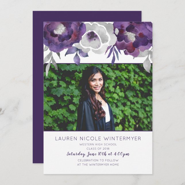 Invitaciones a graduación de foto de moda morada c (Anverso / Reverso)