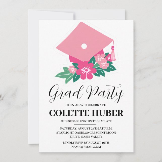 invitaciones a graduación rosa de flores modernas (Anverso)