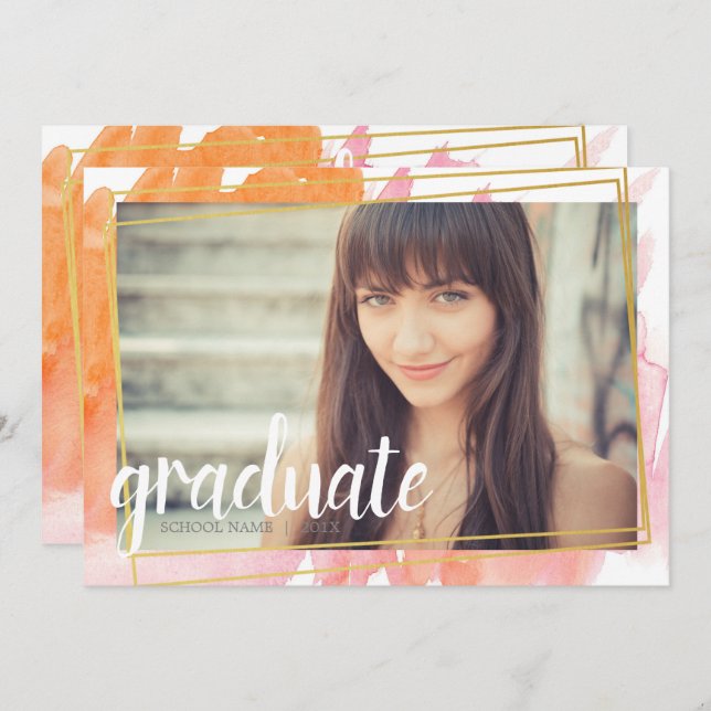 Invitaciones a graduados de color de agua rosa mod (Anverso / Reverso)