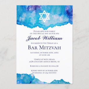 Invitaciones a la acuarela azul Mitzvah Bar judío