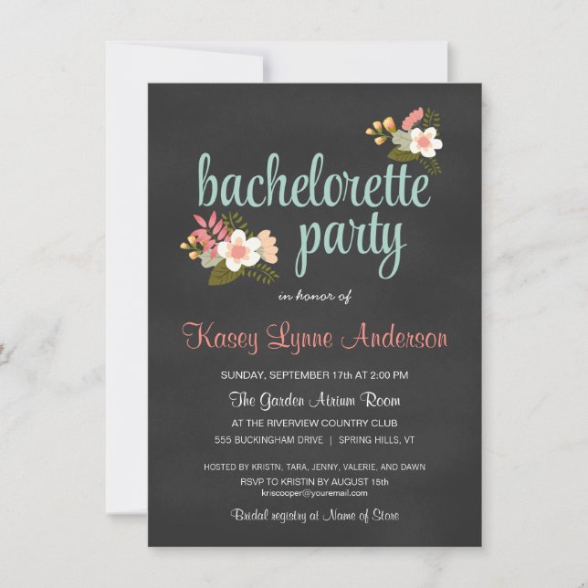 Invitaciones a la Bachelorette Party Floral Chalkb (Anverso)