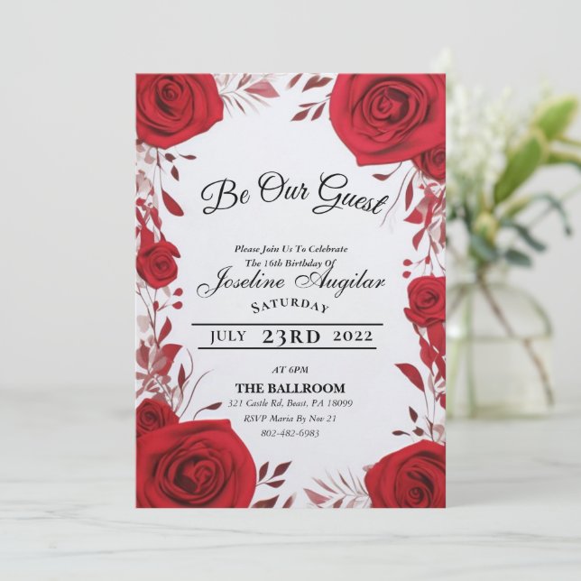 Invitaciones a la bella y la bestia dulce 16 Rosas (Anverso de pie)