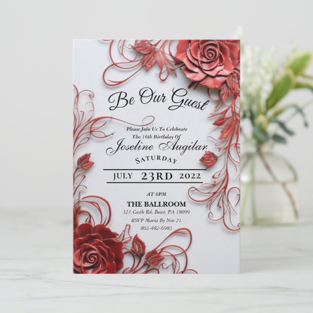 Invitaciones a la bella y la bestia dulce 16 Rosas (Anverso de pie)