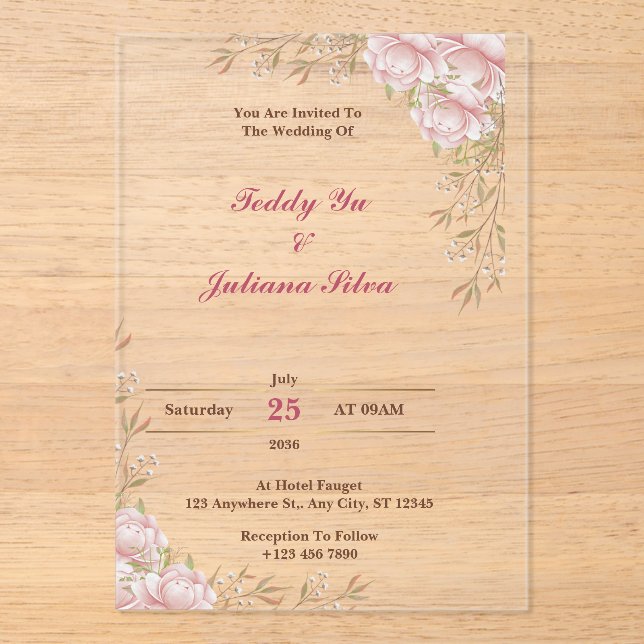 Invitaciones a la boda acrílica floral de crema pe (Anverso)