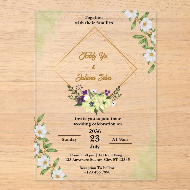 Invitaciones a la boda acrílica floral verde blanc (Anverso)