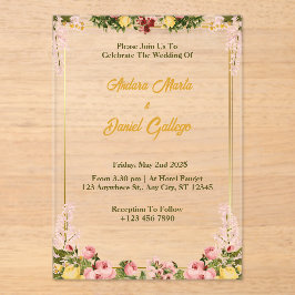 Invitaciones a la boda acrílica floral verde y dor