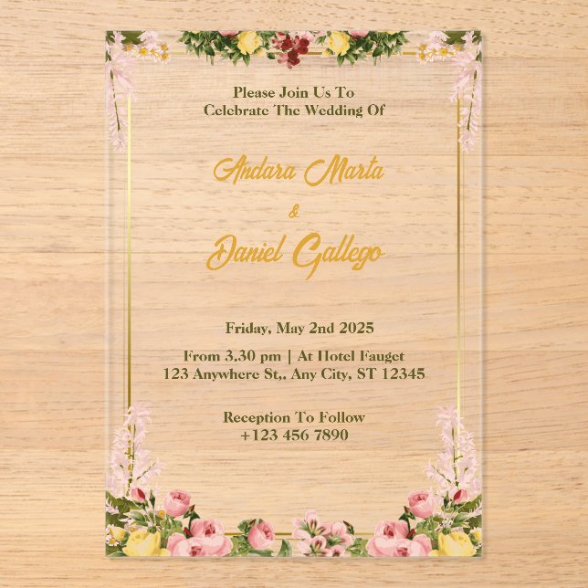 Invitaciones a la boda acrílica floral verde y dor (Anverso)