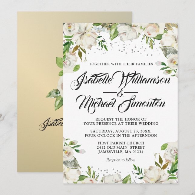 Invitaciones a la boda acuarela de Floral blanca y (Anverso / Reverso)