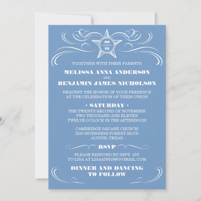 Invitaciones a la boda al estilo azul sur (Anverso)