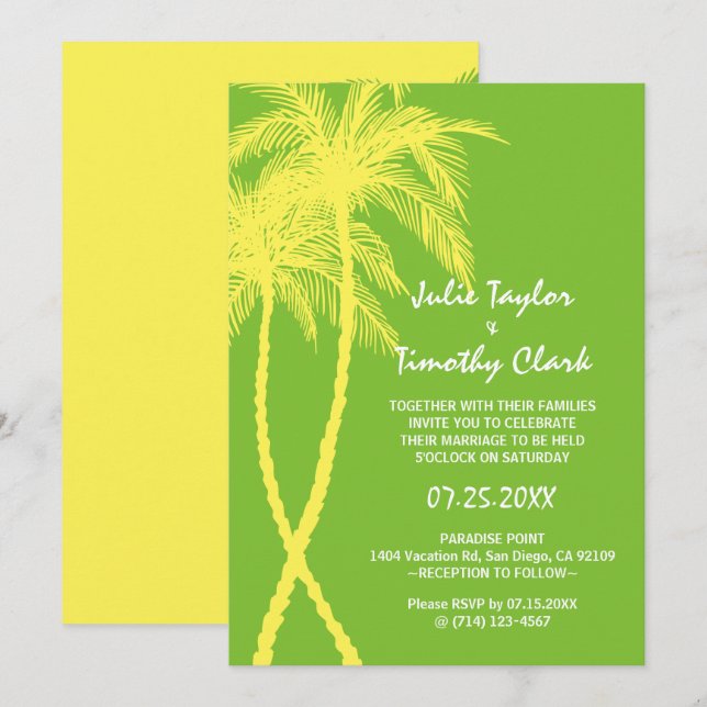 Invitaciones a la boda amarilla y verde (Anverso / Reverso)