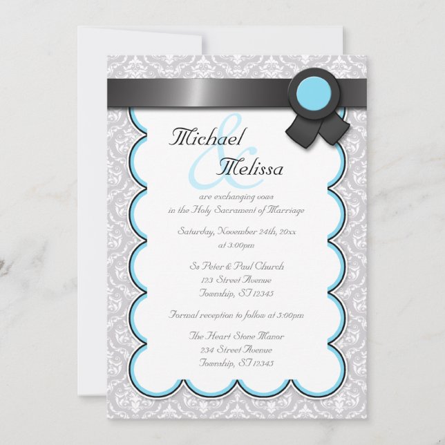 Invitaciones a la boda Aqua Blue & Grey Damask (Anverso)