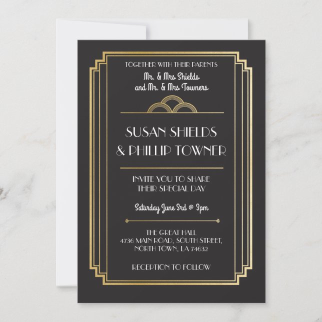 Invitaciones a la boda Art Deco Black & Gold de lo (Anverso)