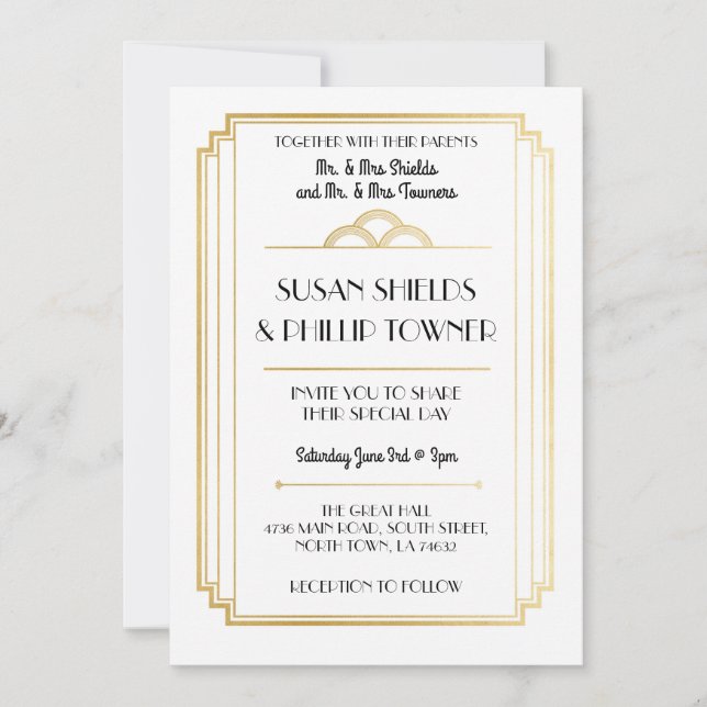 Invitaciones a la boda Art Deco White & Gold de lo (Anverso)