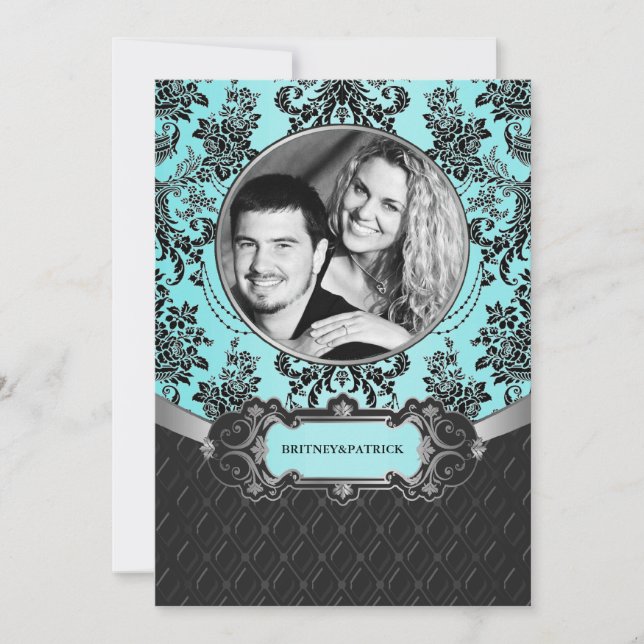 Invitaciones a la Boda Azul Damasco Negro (Anverso)